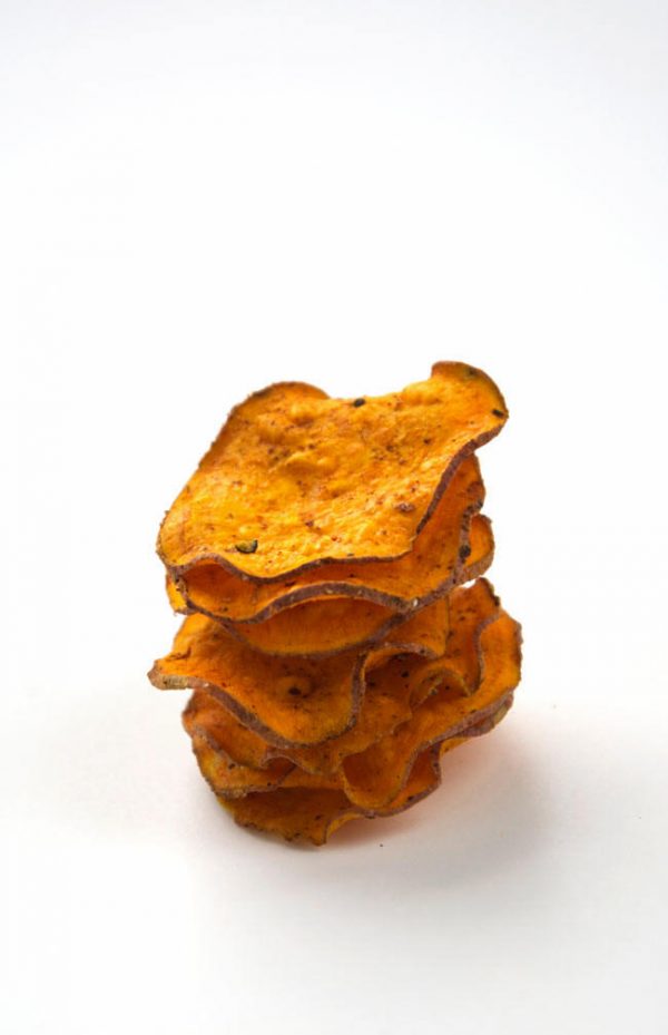 Chili Spiced Healthy Sweet Potato Chips with Greek Yogurt Blue Cheese Dip