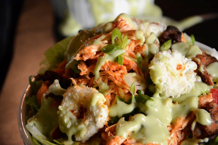 Bacon Buffalo Chicken Salad with Goat & Blue Cheese Croutons