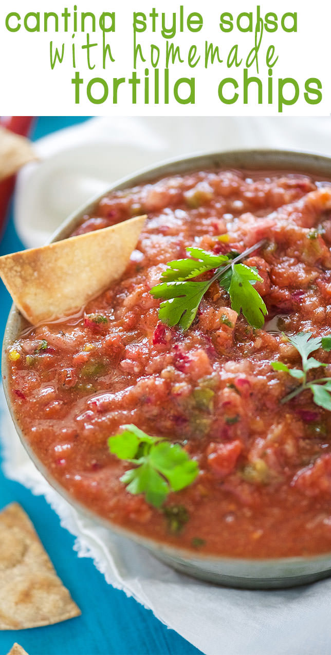 With fresh ingredients, this simple and delicious cantina style salsa with homemade corn tortilla chips comes together quickly for a tasty snack!