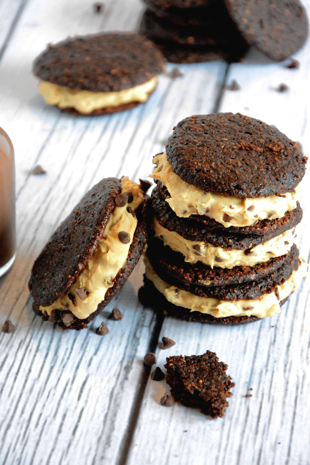 Cookie Dough Stuffed Whoopie Pies are a guiltless treat with a chocolate cookie and stuffed with cookie dough that only seems sinful!