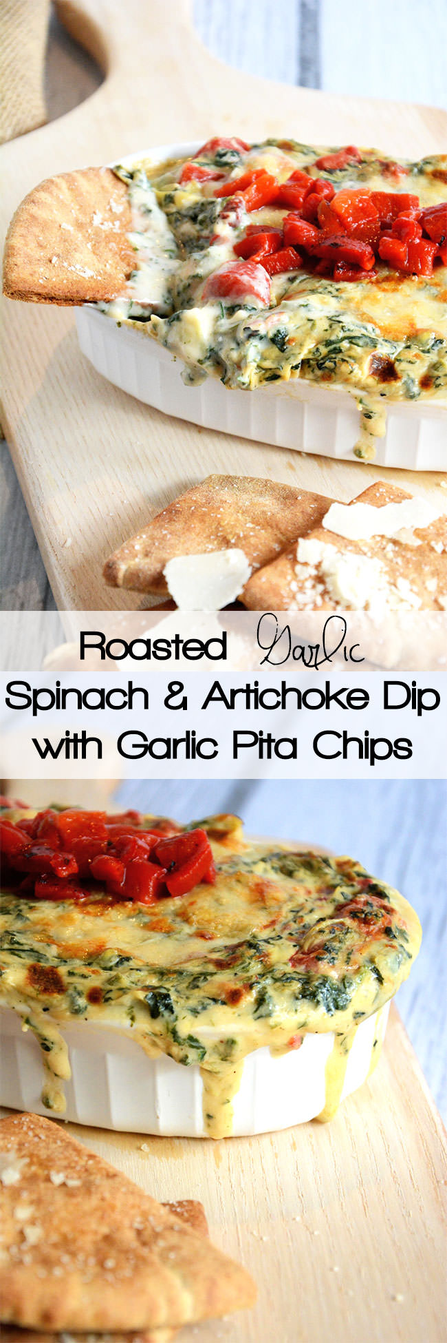 A skinny version of the classic Spinach & Artichoke Dip with roasted garlic and red peppers!