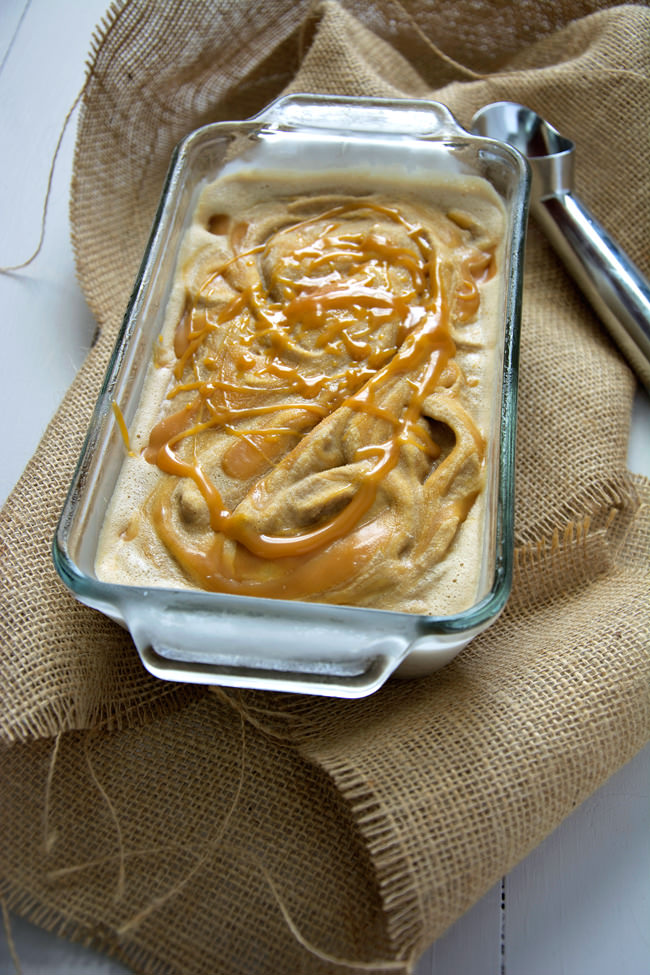 Caramel Macchiato Ice Cream with Homemade Caramel Drizzle | An easy coffee house inspired ice cream made with iced coffee and coconut milk! #icecream #healthy #caramel