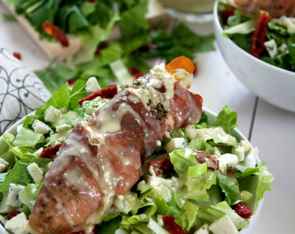 Prosciutto Wrapped Chicken Salad with Blue Cheese Vinaigrette | A wow worthy salad that comes together quickly and is so simple! #salad #bluecheese #paleo #glutenfree