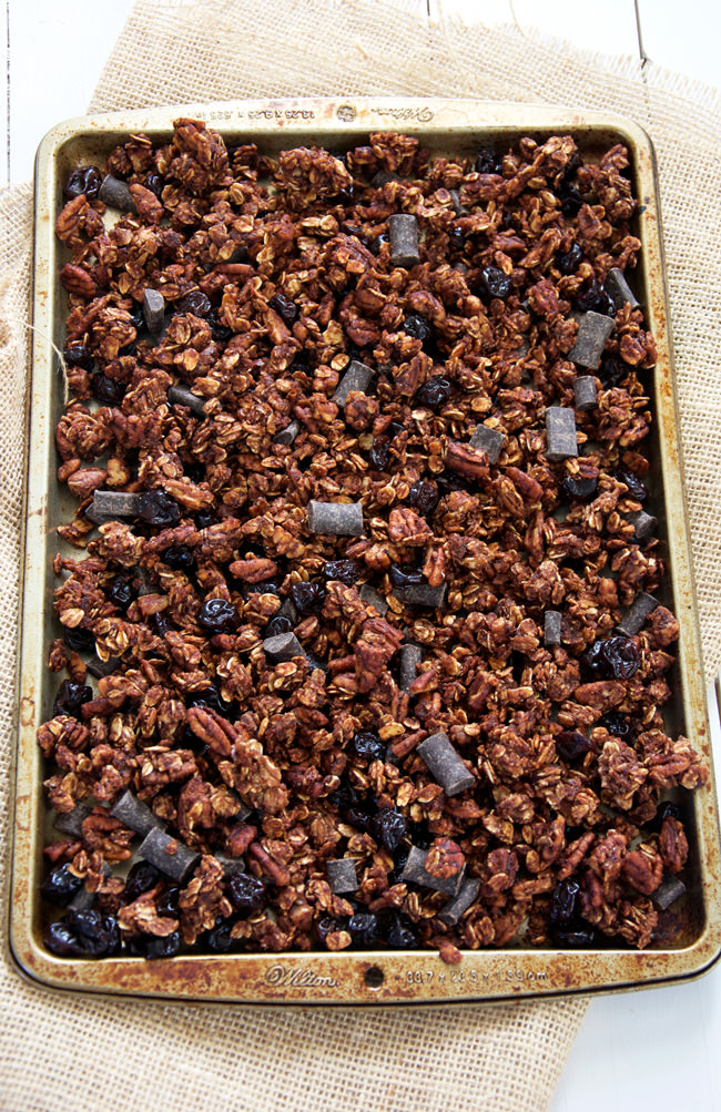 A lighter granola made with unsweetened applesauce and honey! Dark chocolate chunks, cherries and pecans make this skinny granola a decedent treat!  