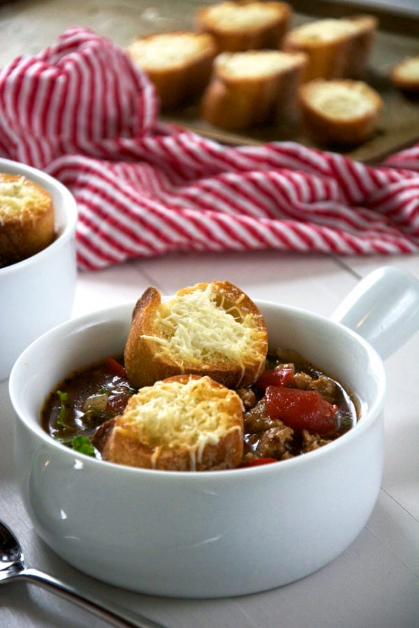 Sweet Italian Sausage Soup with Kale and Cheesy Parmesan Croutons