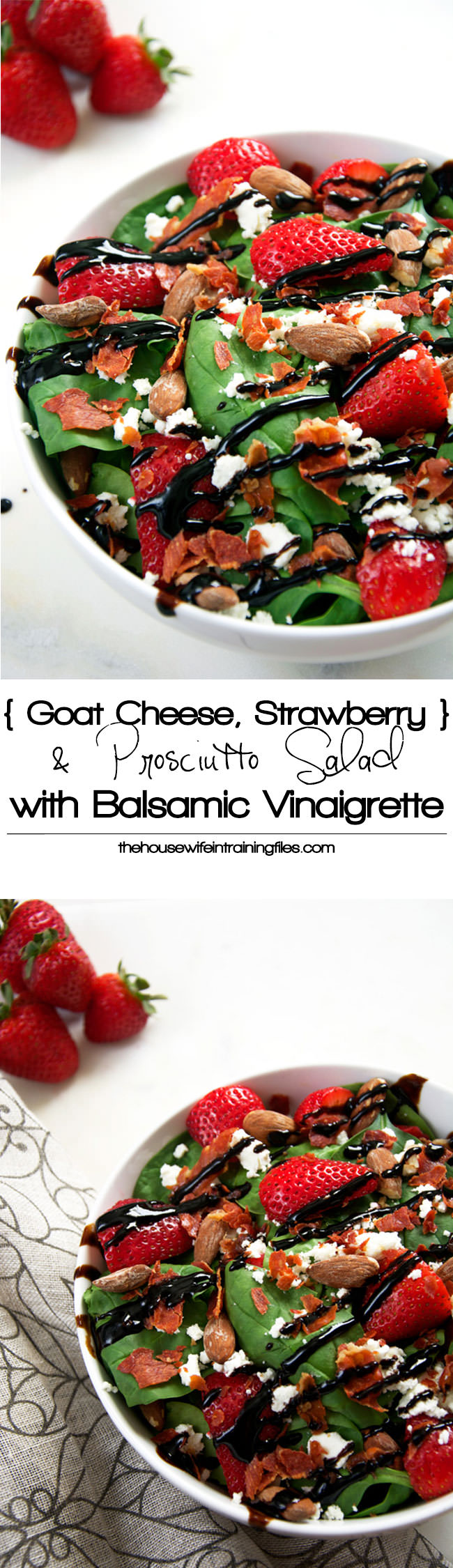 A simple salad with complex flavors of goat cheese, strawberries and prosciutto then tossed in a sweet balsamic vinaigrette! 