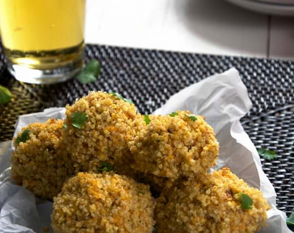 All the flavors of a loaded baked potatoes but lightened up with sweet potatoes, turkey bacon and buttery gouda then rolled into crispy quinoa for a major crunch! These Quinoa Encrusted Loaded Sweet Potato Bites will be the hit during any tailgate!
