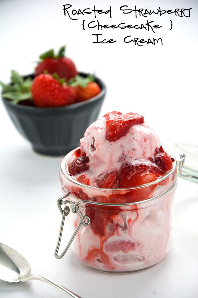 Creamy cheesecake ice cream made lighter with coconut and almond milk, and stuffed with caramelized, roasted strawberries for one heavenly frozen dessert!  #icecream # dessert #strawberries #cheesecake