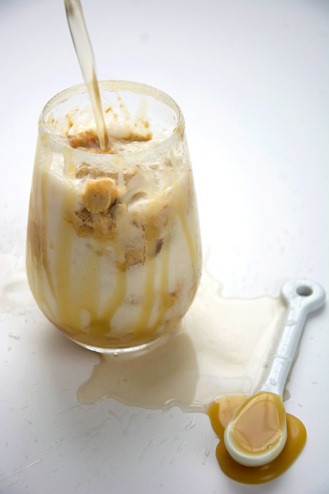 A fall inspired twist on the classic ice cream float! Brown Butter Apple Cinnamon Ice Cream pairs perfectly with Cream Soda and Salted Honey Caramel for a delicious and buttery treat!  