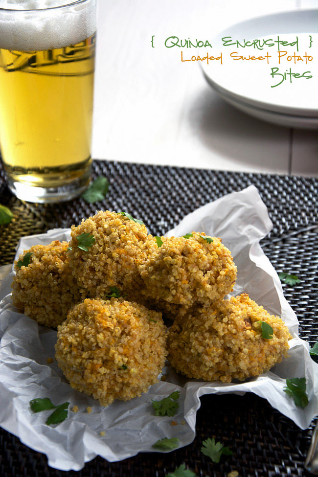 All the flavors of a loaded baked potatoes but lightened up with sweet potatoes, turkey bacon and buttery gouda then rolled into crispy quinoa for a major crunch!  These Quinoa Encrusted Loaded Sweet Potato Bites will be the hit during any tailgate! 