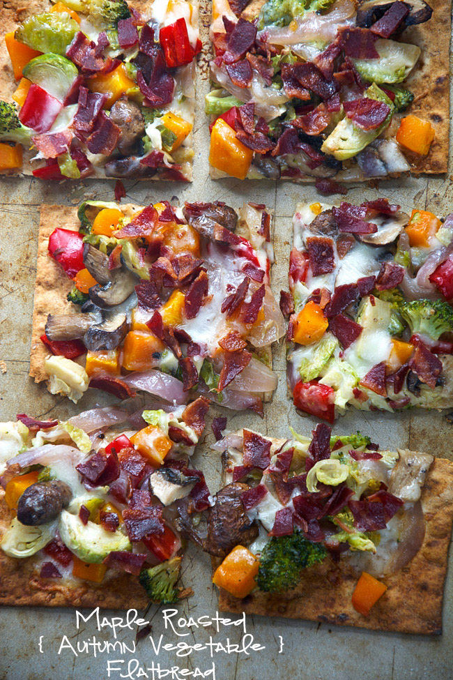 Thin and crispy lavash is used as the base for this flatbread, then topped with autumn, maple roasted veggies, crispy bacon and creamy fontina for flatbread that will please anyone! 