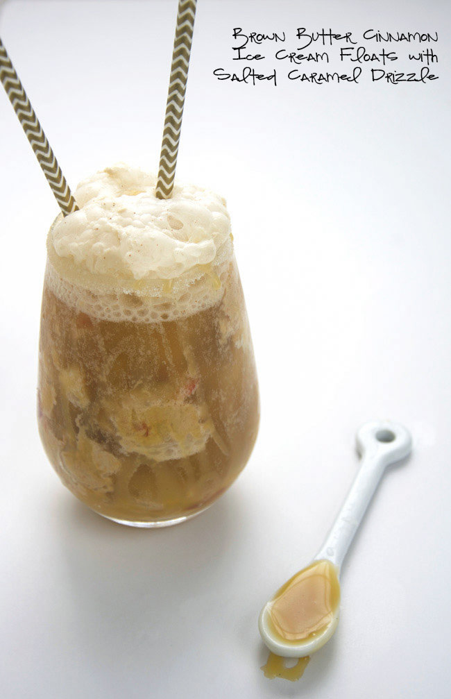 A fall inspired twist on the classic ice cream float! Brown Butter Apple Cinnamon Ice Cream pairs perfectly with Cream Soda and Salted Honey Caramel for a delicious and buttery treat!  