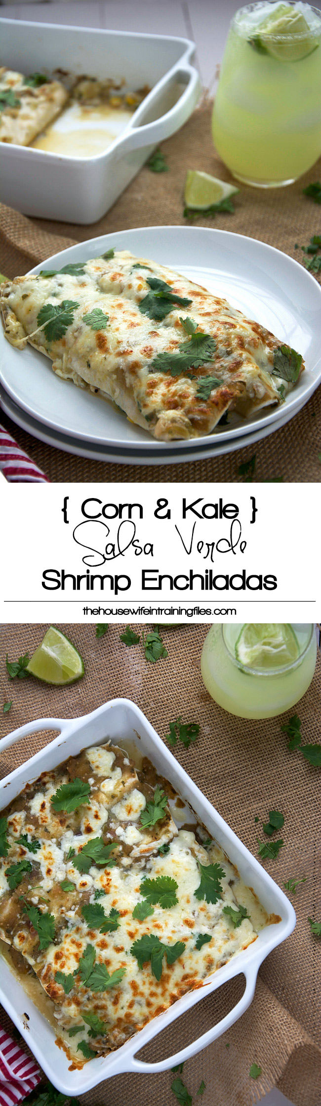 Shrimp enchiladas in a creamy salsa verde sauce lightened with greek yogurt, crisp corn, kale and creamy queso fresco! #texmex #mexican #enchiladas #seafood