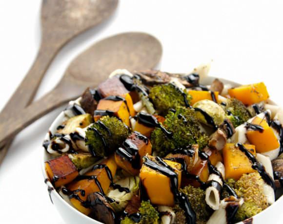 Caramelized, roasted autumn vegetables mixed with a simple pasta tossed in olive oil and lemon juice. A healthy pasta dish with sweet and savory flavors!