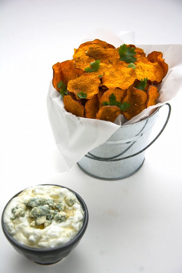Chili Spiced Healthy Sweet Potato Chips with Greek Yogurt Blue Cheese Dip