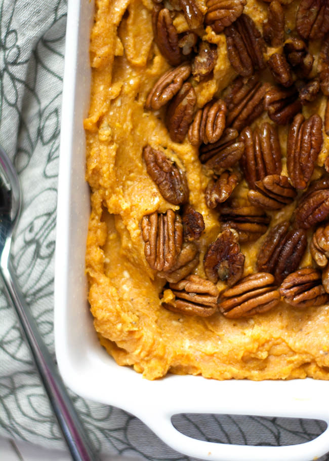 This Smoked Gouda and Sweet Potato Casserole with Spiced Pecans is the perfect fall side dish as it is made lighter with cauliflower but is full of sweet and spicy flavor! #casserole #sweetpotatoes #healthy #cauliflower 