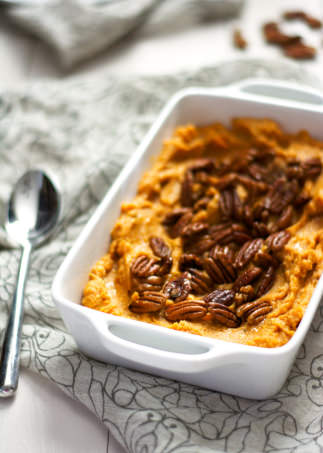 This Smoked Gouda and Sweet Potato Casserole with Spiced Pecans is the perfect fall side dish as it is made lighter with cauliflower but is full of sweet and spicy flavor! #casserole #sweetpotatoes #healthy #cauliflower