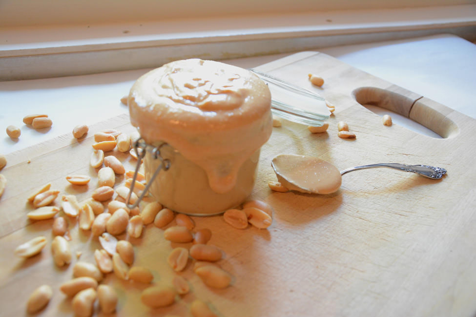 Homemade coconut peanut butter could not be easier! Roasted peanuts and coconut oil are blended until velvety - grab a spoon and dip in! #peanutbutter #homemade #glutenfree #coconut 