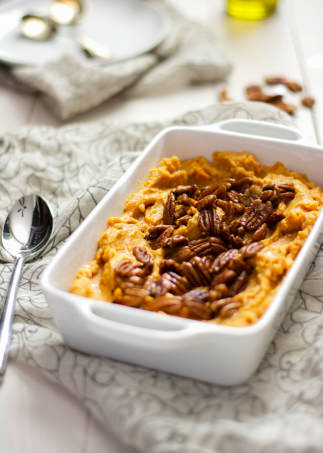 This Smoked Gouda and Sweet Potato Casserole with Spiced Pecans is the perfect fall side dish as it is made lighter with cauliflower but is full of sweet and spicy flavor! #casserole #sweetpotatoes #healthy #cauliflower