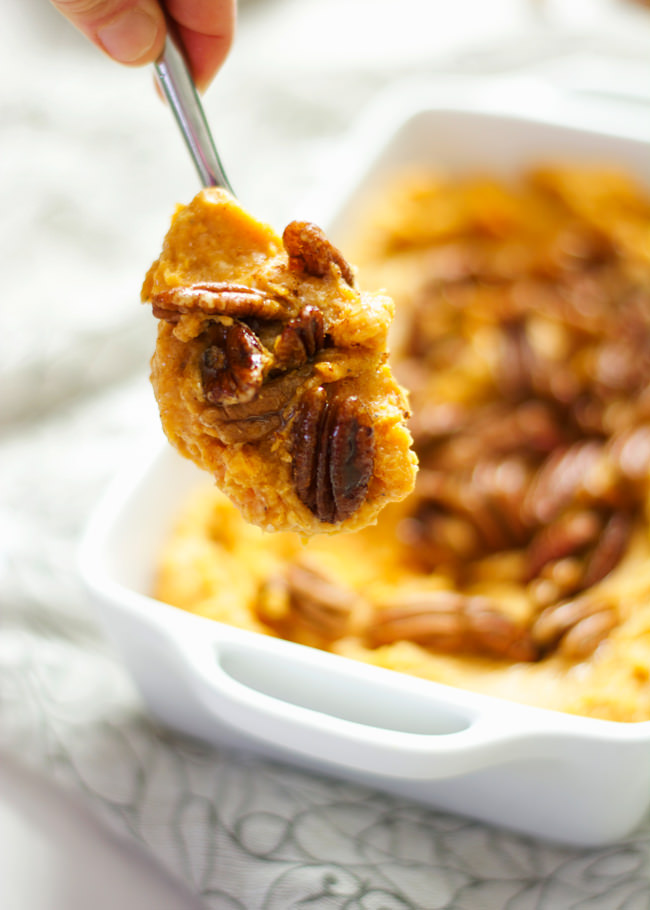 This Smoked Gouda and Sweet Potato Casserole with Spiced Pecans is the perfect fall side dish as it is made lighter with cauliflower but is full of sweet and spicy flavor! #casserole #sweetpotatoes #healthy #cauliflower 