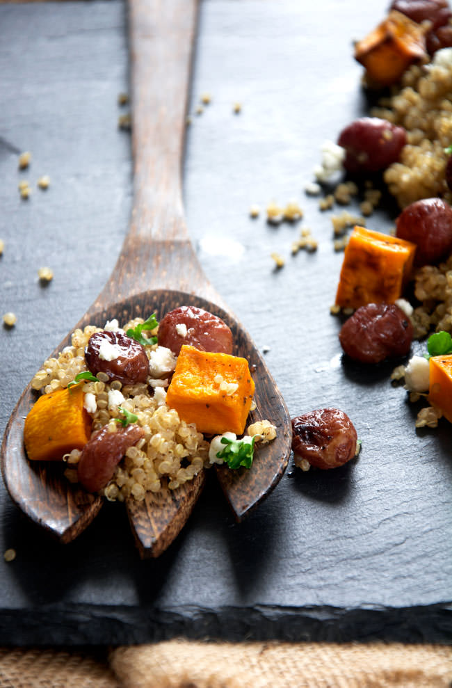 This Butternut Squash Quinoa Salad is a delicious and flavorful quinoa salad made of caramelized butternut squash, creamy goat cheese, roasted grapes, and basil! Make ahead and store in the fridge until ready to serve!