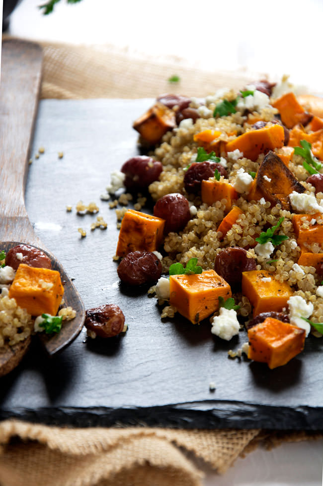 This Butternut Squash Quinoa Salad is a delicious and flavorful quinoa salad made of caramelized butternut squash, creamy goat cheese, roasted grapes, and basil! Make ahead and store in the fridge until ready to serve!