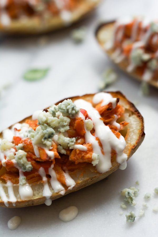 Buffalo Chicken Stuffed Potato Skins with Honey Blue Cheese Sauce