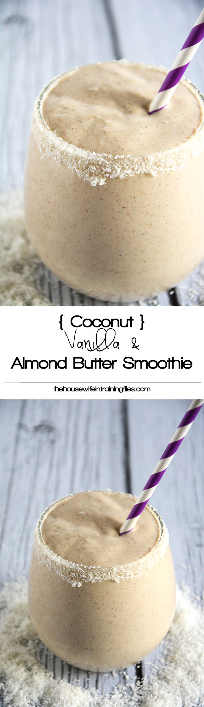 Coconut, Vanilla & Almond Butter Smoothie is a velvety smoothie made with coconut milk, vanilla, almond butter and sweetened with dates! #vegan #paleo #glutenfree #healthy