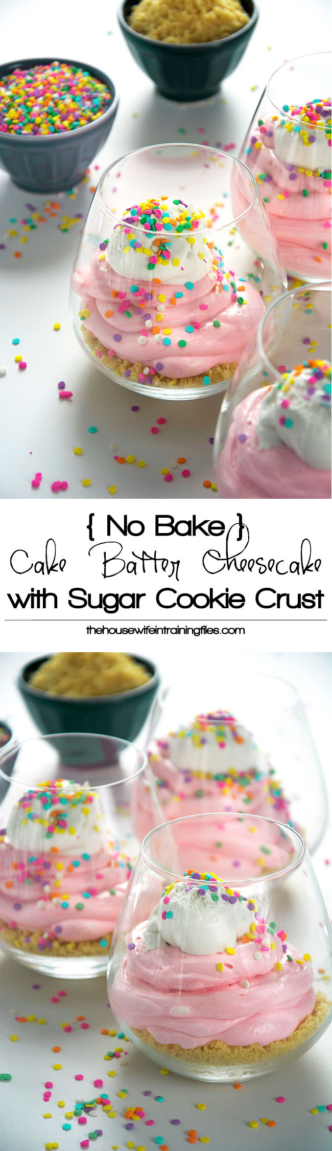 An easy, no bake cake batter cheesecake is healthy and simple to make with greek yogurt, low fat cream cheese, sprinkles and a buttery sugar cookie crust! #cheesecake #nobake #cakebatter #funfetti