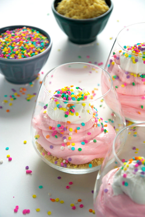 No Bake Cake Batter Cheesecakes with Sugar Cookie Crust