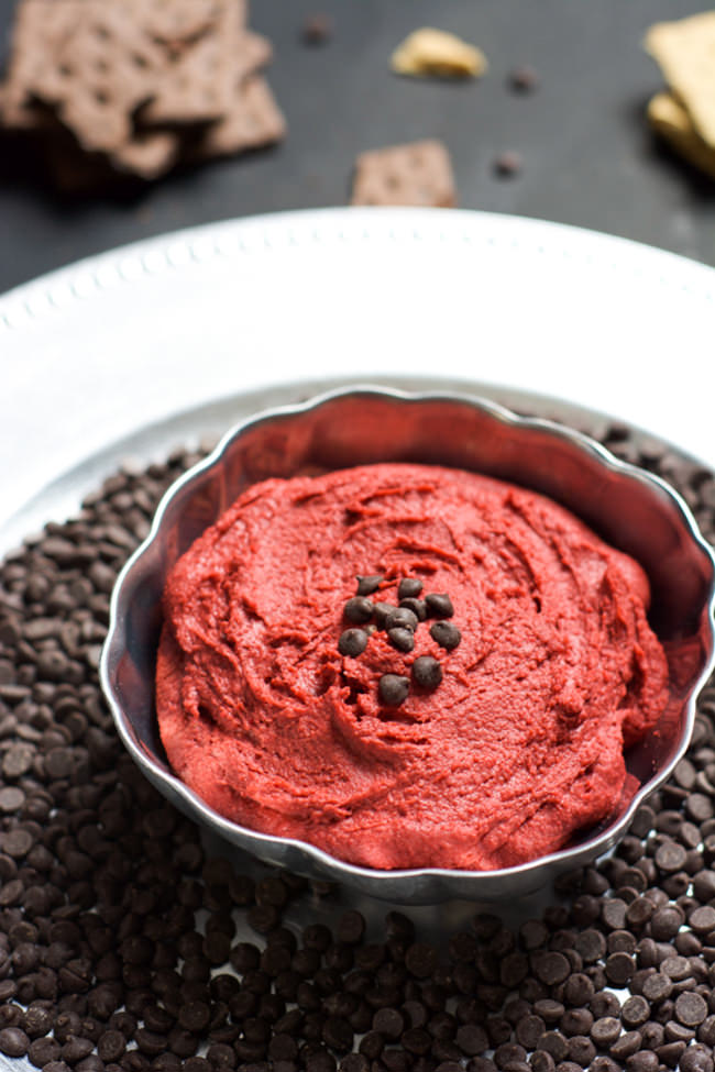Skinny Red Velvet Cookie Dough Dip is secretly healthy that is full of cookie dough flavor but none of the guilt! A dessert you can feel good about indulging in! #cookiedoughdip #healthy #skinny #redvelvet