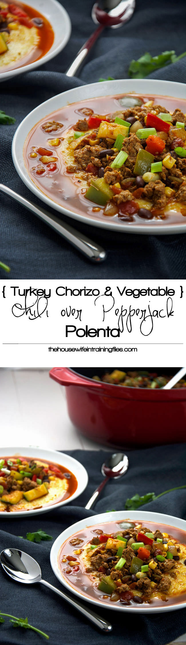 A loaded, spicy vegetable chili made with homemade turkey chorizo that sits in a bed of creamy, pepperjack polenta!  