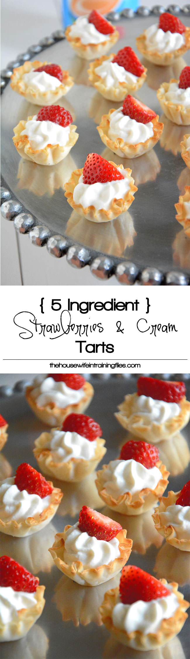 A simple, no bake dessert that is ready in minutes! Strawberries and Cream Tarts are vanilla greek yogurt custard filled phyllo cups are bite size and healthy so you won't feel bad having more than one! #dessert #easy #strawberry #5ingredients
