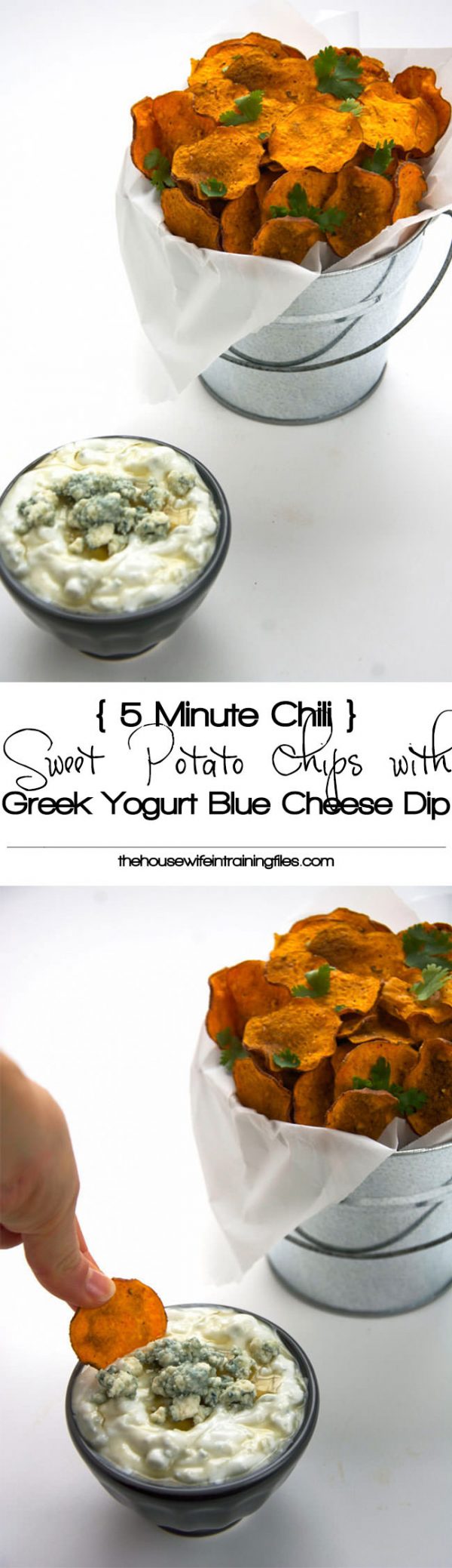 Chili Spiced Healthy Sweet Potato Chips with Greek Yogurt Blue Cheese Dip