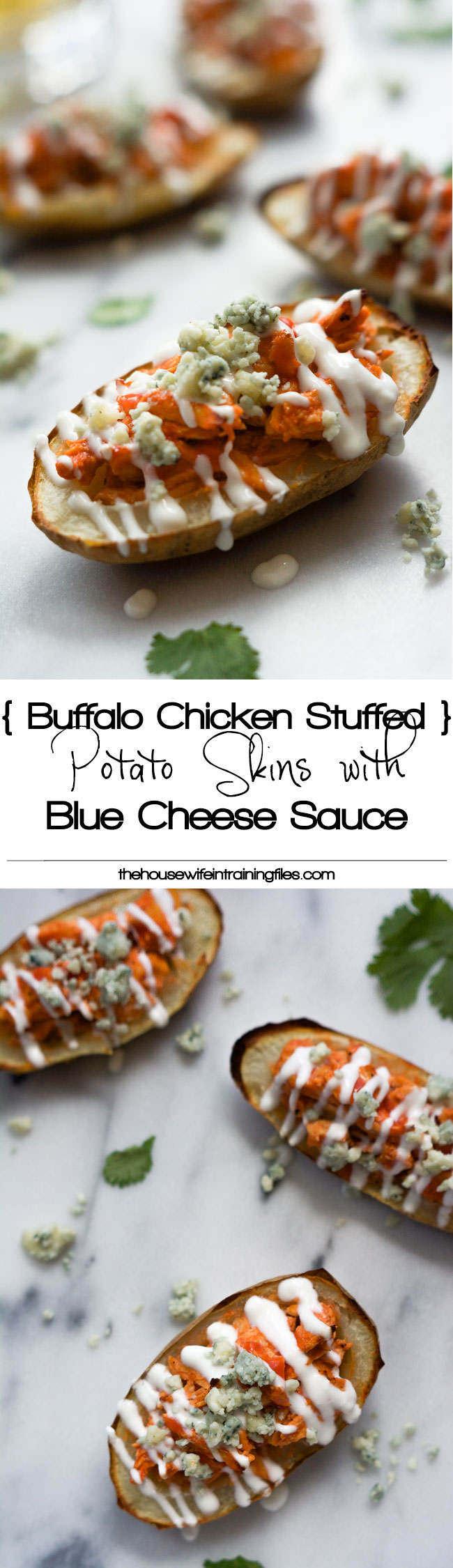 Buffalo Chicken Stuffed Potato Skins with Honey Blue Cheese Sauce are the perfect party food! Spicy shredded chicken loaded onto a crispy potato skin and drizzled with a homemade blue cheese sauce! #potatoskins #buffalo #appetizer #glutenfree