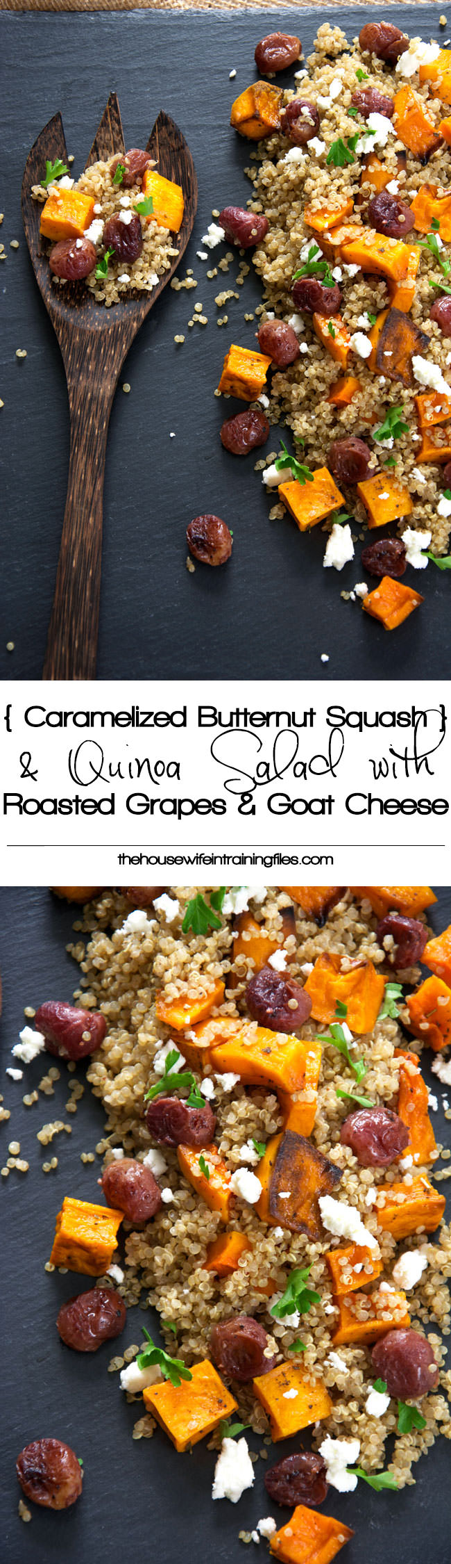 A delicious and flavorful quinoa salad made of caramelized butternut squash, creamy goat cheese, roasted grapes and basil! Make ahead and store in the fridge until ready to serve!