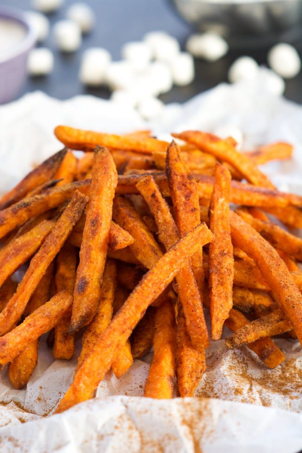 Cinnamon Sugar Sweet Potato Fries with Toasted Marshmallow Sauce