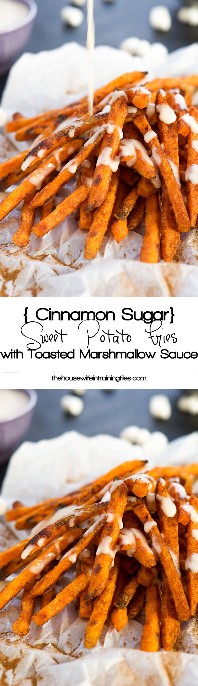 Cinnamon Sugar Sweet Potato Fries are cinnamon and sugar dusted and served with a homemade toasted marshmallow sauce! They are not your typical side of fries, rather a upgraded dessert! #dessert #sweetpotatofries #marshmallows #gameday