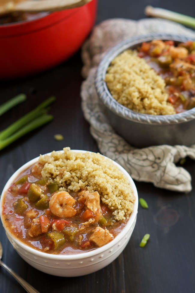 With only one pot, this spicy, healthy & easy Shrimp and Chicken Gumbo has a velvety sauce, served over quinoa. Plus it's ready in only 30 minutes!