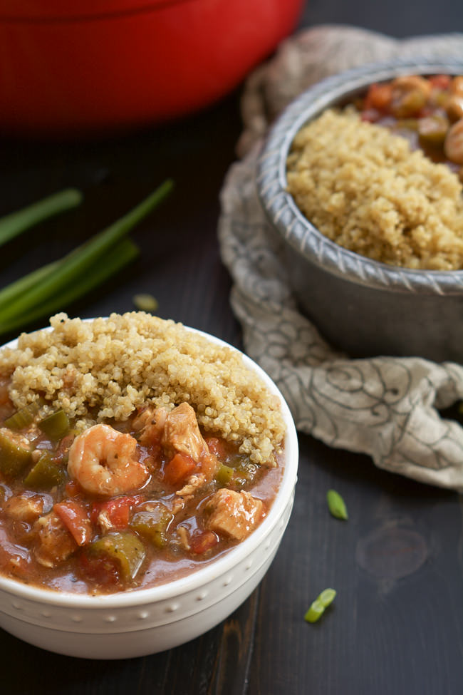 With only one pot, this spicy, healthy & easy Shrimp and Chicken Gumbo has a velvety sauce, served over quinoa. Plus it's ready in only 30 minutes!