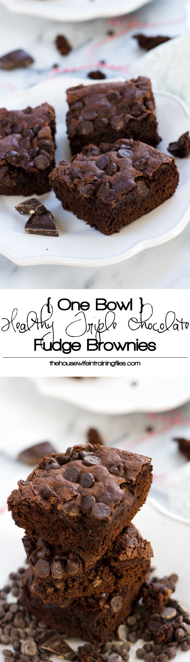 With only one bowl and three types of chocolate, these Healthier Triple Chocolate Fudge Brownies are the pure bliss! #chocolate #healthy #dessert #brownies