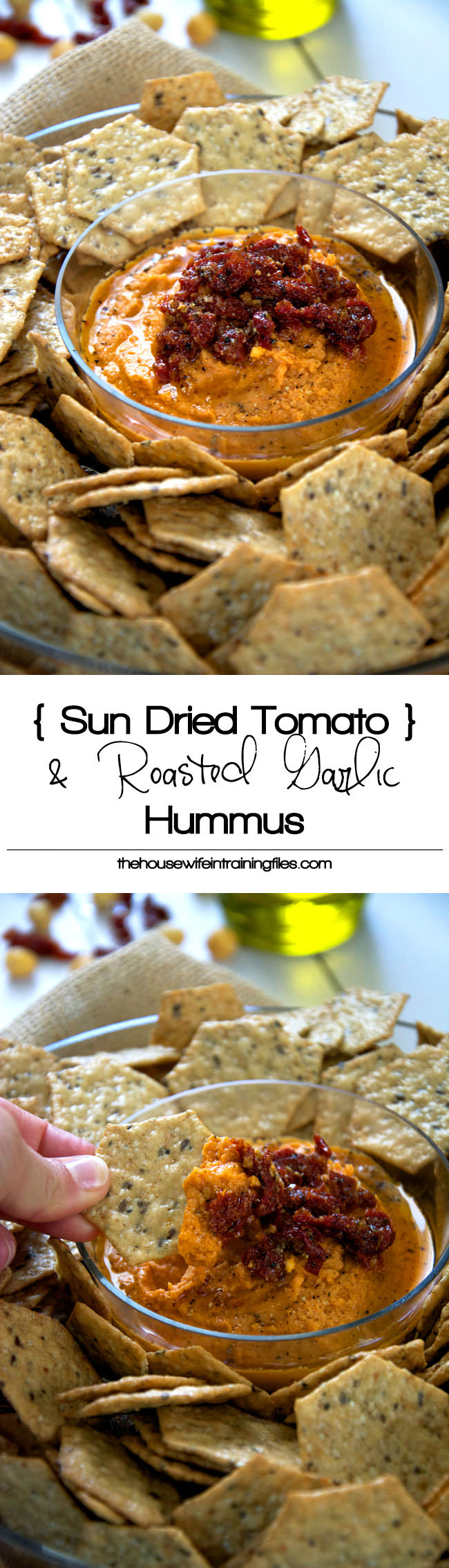 An ultra creamy and delicious hummus made with sun dried tomatoes and garlic comes, together in quickly and will be your favorite snack soon! #snack #glutenfree #hummus #roastedgarlic