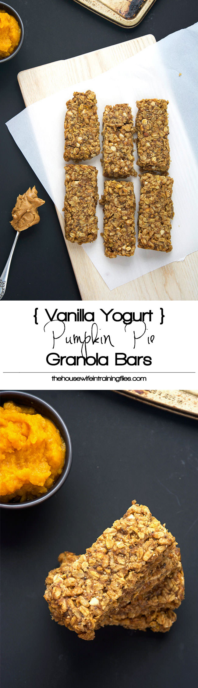 A homemade granola bar bursting with fall flavors of pumpkin pie spice, cinnamon and vanilla yogurt chips! These bars are full of flavor, moist and healthy so you can indulge this holiday season! #glutenfree #healthy