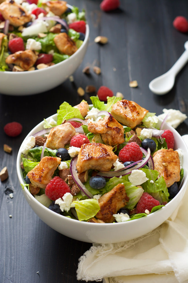 A hearty Chicken Salad with Peanut Dijon Dressing that is filled with fruit, creamy goat cheese, smoked almonds that is a nutritious dinner or lunch! #glutenfree #salad #fruit #peanutdjiondressing