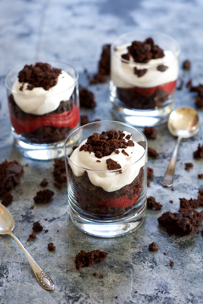 A simple three ingredient dessert that is perfect for a date night in or to just cure that sweet tooth! Red Velvet Cookie Dough Brownie Parfaits take minutes to put together with already made ingredients!