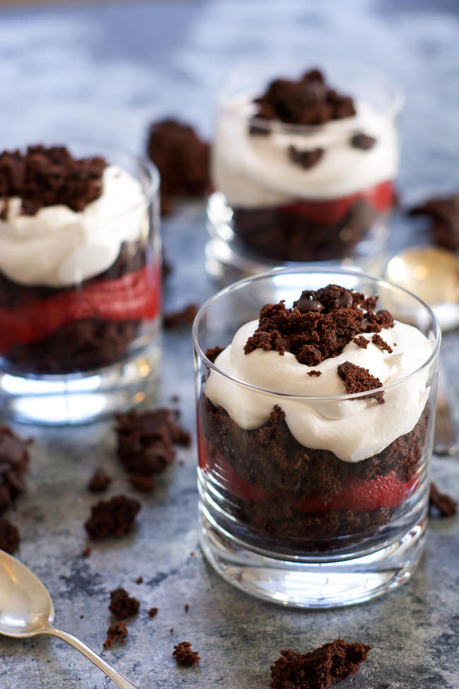 A simple three ingredient dessert that is perfect for a date night in or to just cure that sweet tooth! Red Velvet Cookie Dough Brownie Parfaits take minutes to put together with already made ingredients!