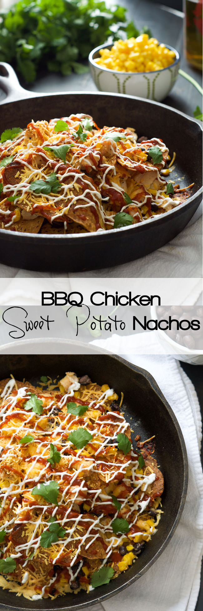 A sweet and spicy take on the classic! BBQ Chicken Sweet Potato Nachos combine two favorites! With gooey cheddar on top, this meal comes together quickly! 