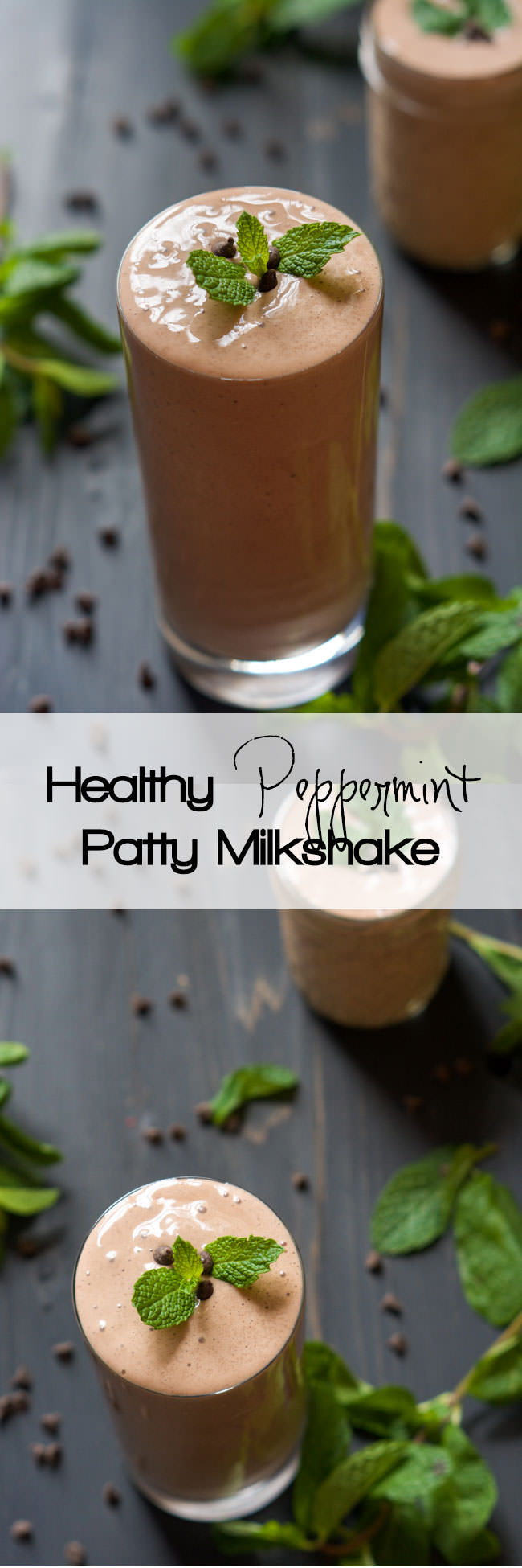 A dessert in a glass! This Skinny Peppermint Patty Shake is full of chocolate and mint! It is healthy enough for a high protein breakfast or quick snack! #peppermint #proteinshake #milkshake #glutenfree
