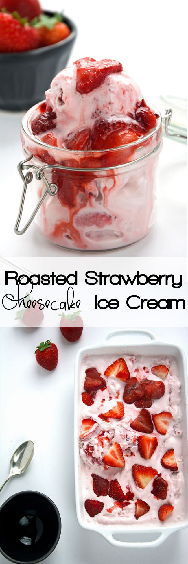 Creamy cheesecake ice cream made lighter with coconut and almond milk, and stuffed with caramelized, roasted strawberries for one heavenly frozen dessert! 