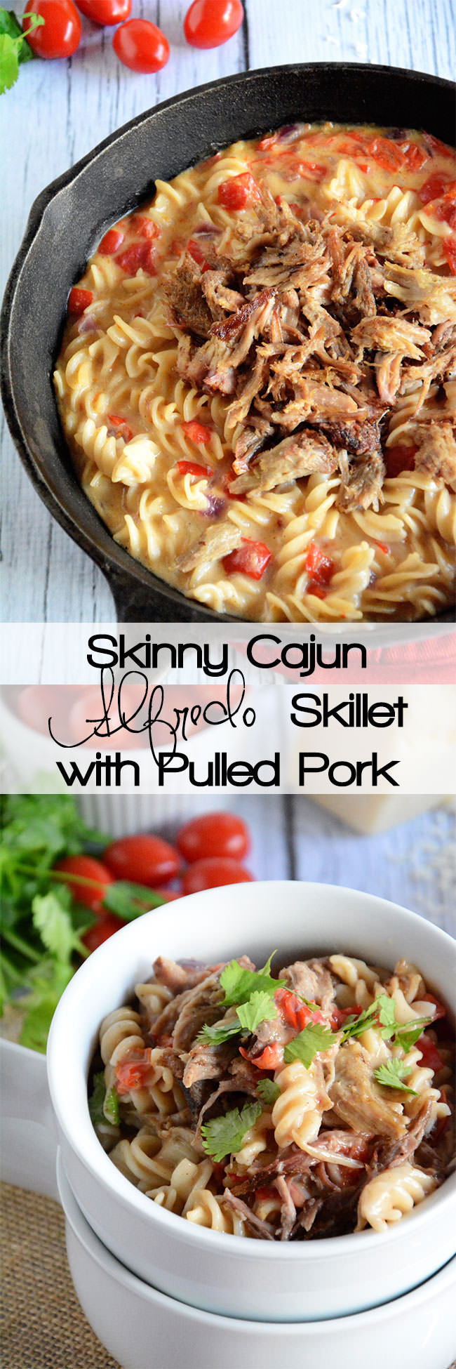 A creamy cajun alfredo sauce that comes together in minutes and topped with pulled pork is a quick and healthy dinner!